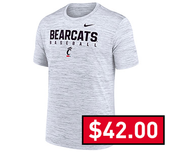 Cincinnati Bearcats White Nike DriFit Baseball Short Sleeve T Shirt | $42.00