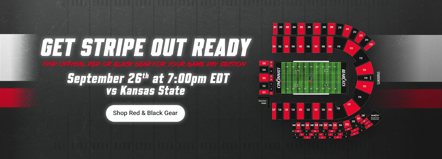 Get Stripe Out Ready | Find Official Red or Black Gear for your Game Day Section | September 26th at 7:00pm EDT vs Kansas State | Shop Red & Black Gear