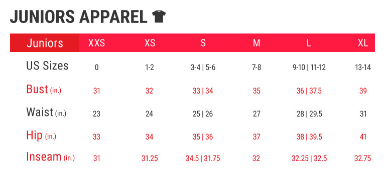 Junior Apparel Size Charts