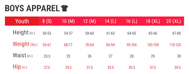 Boys Apparel Size Charts